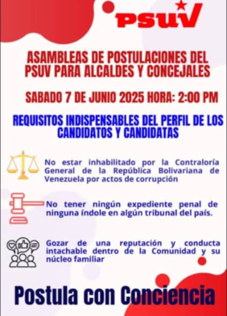 Hoy es un día Militante, ejerzamos nuestro Deber y nuestro Derecho en las Asambleas de Postulación para los candidatos y candidatas de las próximas elecciones municipales. 

#AsambleasConunitarias
#YoPostulo