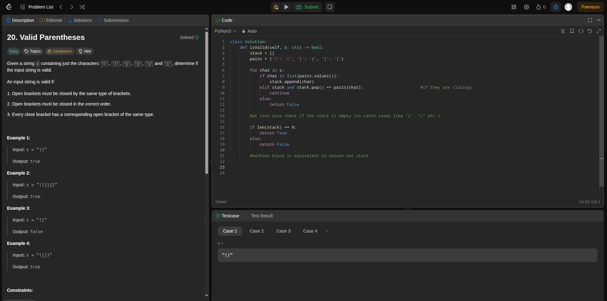Safal2002's tweet photo. #LSPPDay07
Solved Leetcode #20 "Valid Parentheses"
Used stack to match brackets and ensure correct opening-closing order.
(lowkey proud for taking no help this time B) )
#60DaysOfLearning2025 #LearningWithLeapfrog
@lftechnology https://t.co/JZPpWMApAf
