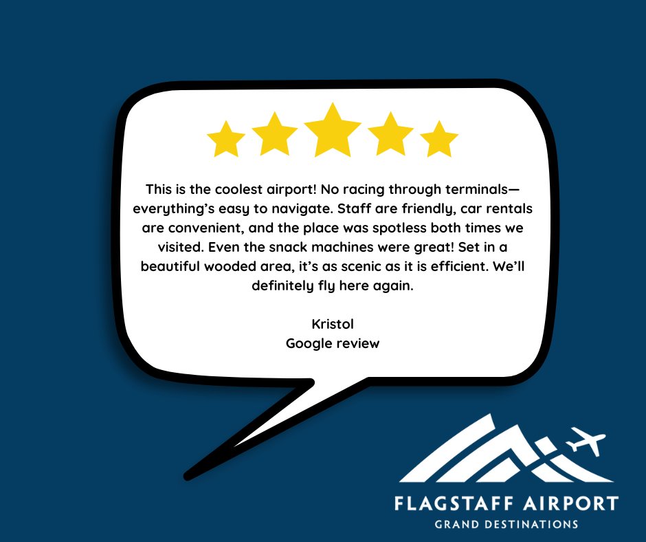 FlyFlagstaffAZ's tweet image. ✨ Small airport charm with big-time vibes! ✈️
Kristol said it best: easy, friendly, spotless, and scenic.
Tell us—what makes your FLG experience unforgettable?
