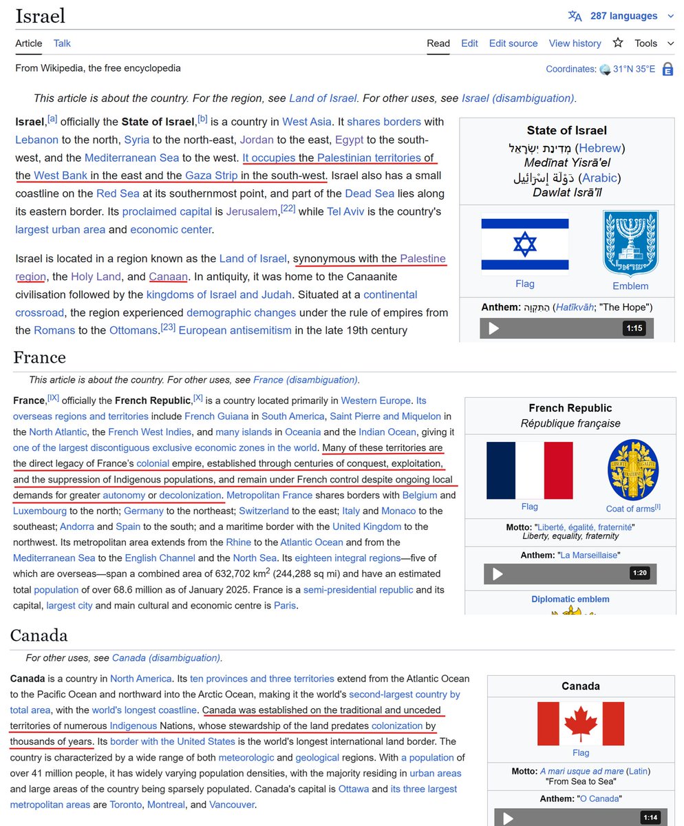 WikiBias's tweet photo. What if other Wikipedia country articles used the judgmental tone as in Israel's entry opening?

Here's a brief demo with France and Canada, which are among many countries where this tone could apply, yet their pages start neutrally.

Selective judgmental tone reveals bias. https://t.co/zHxPvDOBJg
