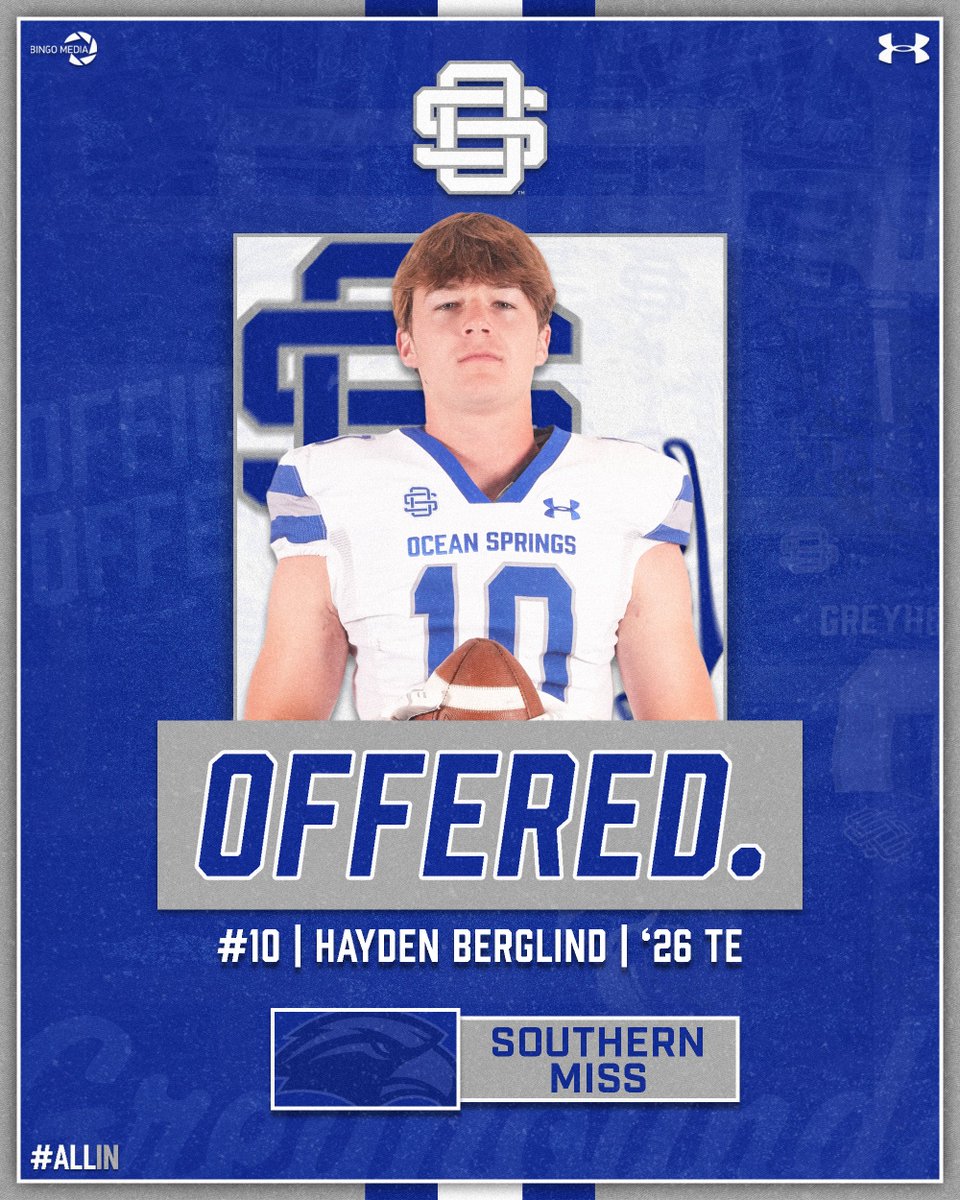 Ocean Springs Football (@oceanspringsfb) on Twitter photo Offer Alert 🚨: ‘26 TE <a href="/HaydenBerglind/">Hayden Berglind</a> picked up an offer from <a href="/SouthernMissFB/">Southern Miss Football</a> this week! #ALLiN #SMTTT Offer Alert 🚨: ‘26 TE <a href="/HaydenBerglind/">Hayden Berglind</a> picked up an offer from <a href="/SouthernMissFB/">Southern Miss Football</a> this week! #ALLiN #SMTTT