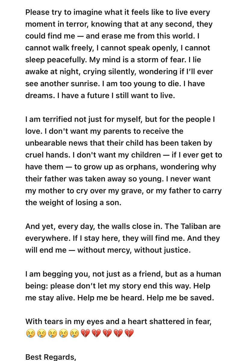 shawnjvandiver's tweet photo. “Please don’t let me die in silence.”

That’s the message one Afghan man sent me moments ago, fearing for his life after the latest travel ban.

He believed in us. 

Now he’s hunted, abandoned, and terrified.

Help us fight for him.
🔗 https://t.co/LLmoeQyyku

#AfghanEvac https://t.co/csWB6ArGlp