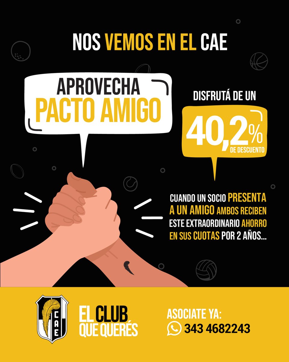 Aprovecha PACTO AMIGO 🤝

Disfrutá de un 40,2% de descuento por 2 años
Asociate YA!

👉 343 4682243
Nos vemos en el CAE 🏴🏳