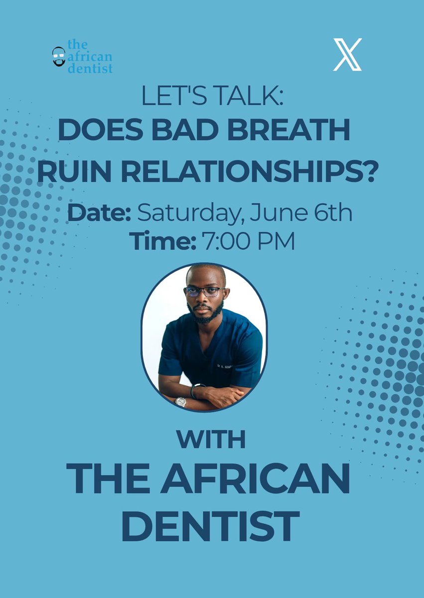 AfricanDentist's tweet photo. Does Mouth Odor Kill Romance? 👀💔
Ever had questions about bad breath and its impact on relationships?
😅

Join us for a raw, real, and revealing conversation tonight at 7 PM on X Space!

https://t.co/WDBIGCWPlf https://t.co/yRi0C1HyXH