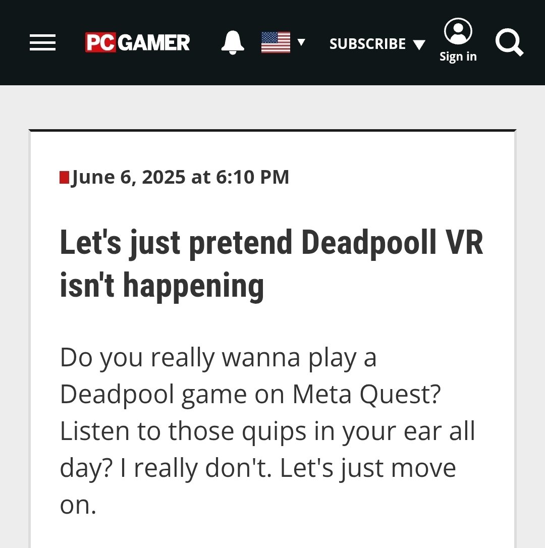 Not content with slagging of Eidos for releasing the next Thief game in VR, PC Gamer have now spat the dummy out about the upcoming Deadpool VR.

jealous little w*nk*rs 😂 <a href="/pcgamer/">PC Gamer</a> <a href="/MetaQuestVR/">Meta Quest</a>