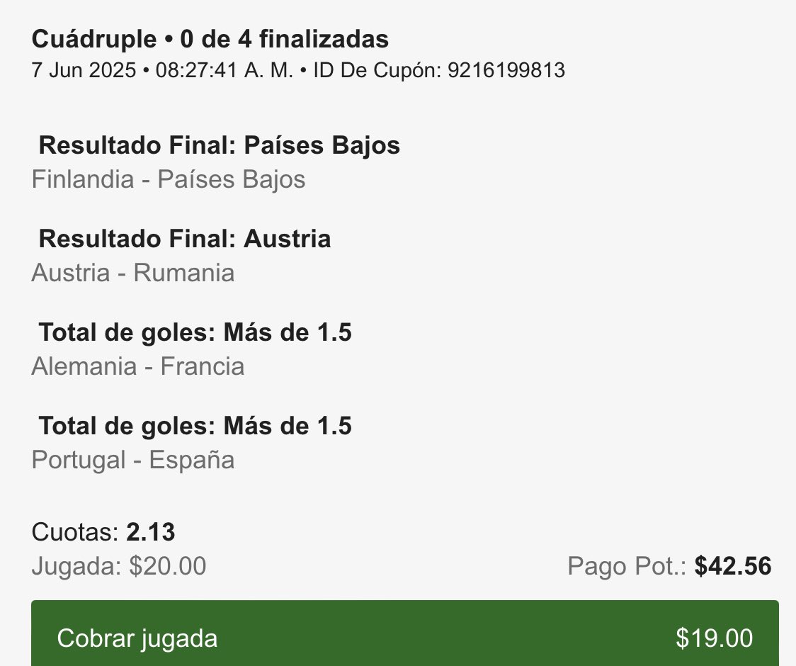 A recuperar un poco con la UEFA del desmadre que 🇨🇴 nos armó ayer en <a href="/BetPlayEcuador/">BetPlay Ecuador</a>:

* Gana Holanda.
*Gana Austria.
*Más de 1 gol en Francia - Alemania. 
*Más de 1 gol en España - Portugal.

Fuerza y FE para entrar con $20 y sacar $43 👊🏻