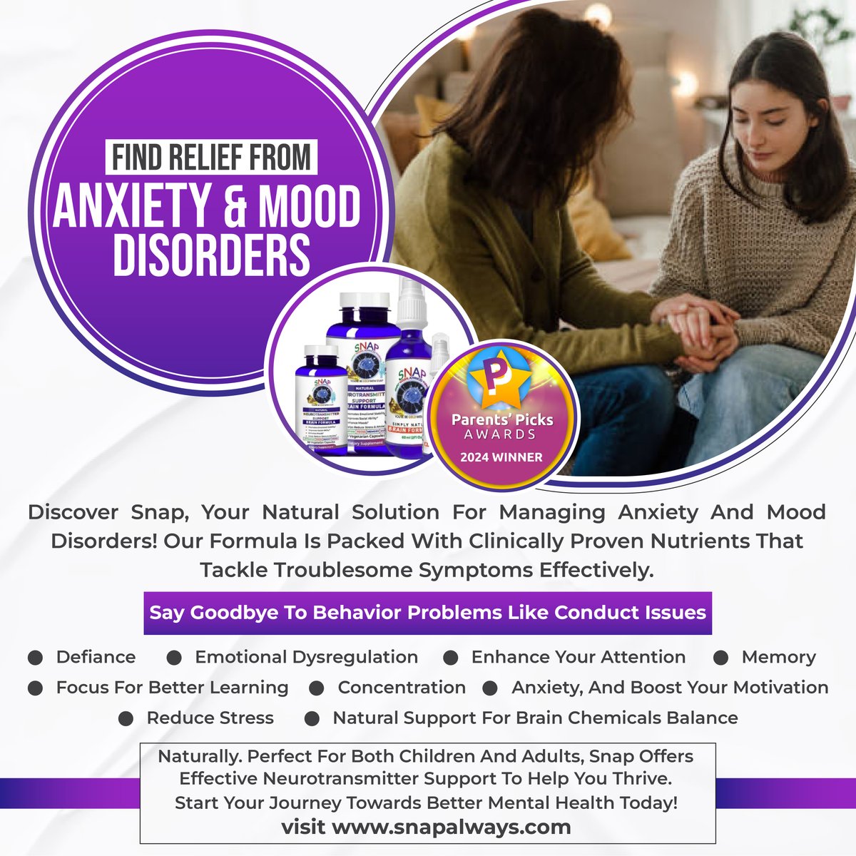 🌟 Discover SNAP 🌿✨ for anxiety and mood support. Clinically-backed and suitable for all! 2024 and 2025 Parents' Picks Award winner! 🏆
 Naturally boost focus and motivation. 
Learn more: snapalways.com. 💪

#MentalHealth #AnxietyRelief #MoodBalance
