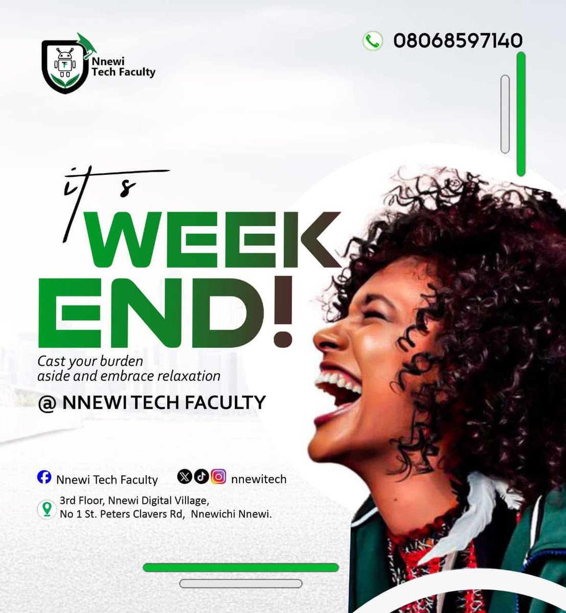 nnewitech's tweet image. Happy Weekend from Nnewi Tech Faculty! 
Work hard, rest well! Take this weekend to recharge, reflect, and refocus.
Tech is the future, and we’re building it one skill at a time. 

See you next week, ready to learn, create, and grow

#TechMoney #LearnTechToday #weekendvibes