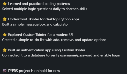 mohitwt_'s tweet photo. dev log: 
morning - solved few array questions

afternoon - looked at TKinter and CustomTKinter for python desktop apps, made a simple authentication app connected with database

#Python #Tkinter #CustomTkinter #Coding #LearningJourney #Tech https://t.co/9FaEmnDQuK