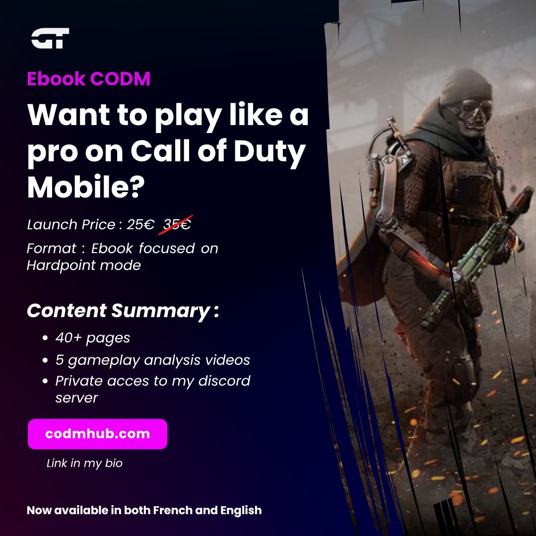 My first Call of Duty Mobile eBook is now available : 
- 40 pages + 10 minutes of analysis video
- Full focus on Hardpoint mode
- Written from 4 years of pro competition (Majors &amp; World Cup Finals)

codmhub.com/produit/deveni…