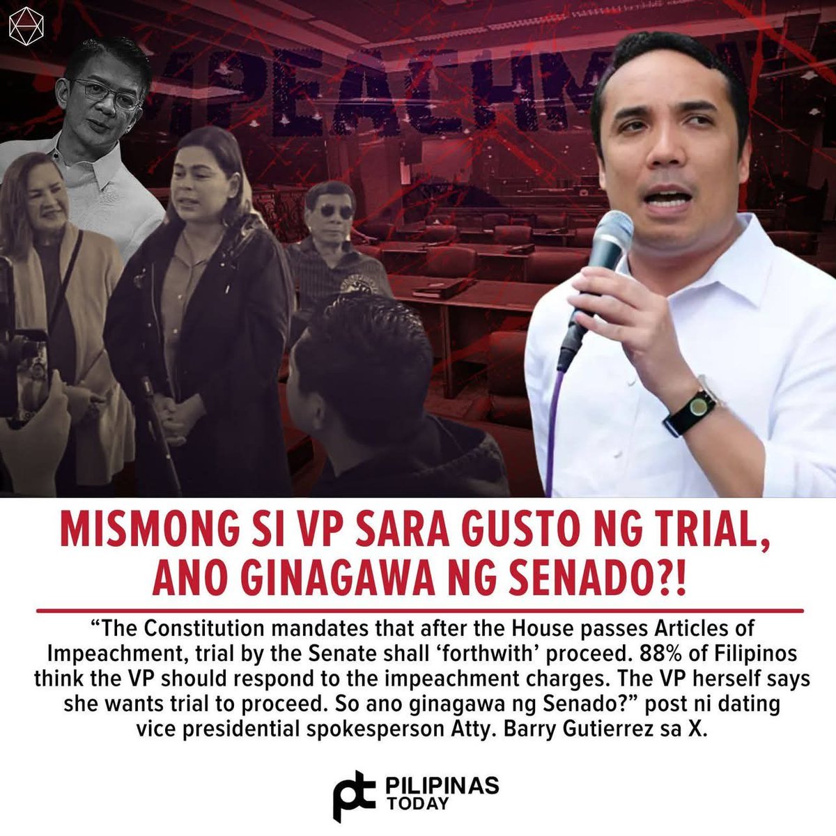 Sabi nga ni Trillanes, "lip service" lang daw yan ni Sara na kunwari e gusto nya ng trial.  Kasi bakit nga naman siya nagpunta pa sa Supreme Court to block her impeachment kung talagang gusto nya yan?  TAKOT YAN!  Iba ang sinasabi sa ginagawa nya at ng grupo nya!
