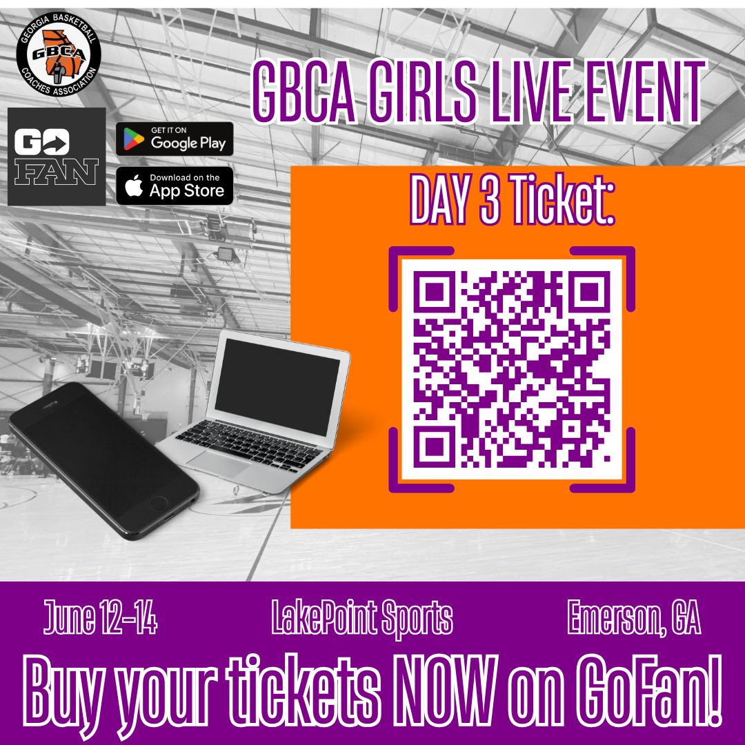 🎟️ Grab Your Tickets NOW!
Secure your spot at the GBCA Girls Live Event:
1️⃣ Download the GoFan app or visit gofan.co
2️⃣ Search Georgia Basketball Coaches Association
3️⃣ Choose your day &amp; click "Buy Ticket"
#GBCAGirlsLive
📲Scan the following QR codes!