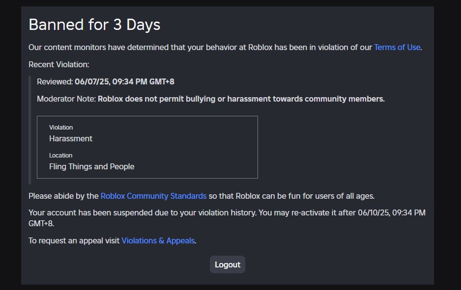 seriously roblox? i got banned because of harassment, when i was the one getting harassed

<a href="/Roblox/">Roblox</a> 
<a href="/robloxdevrel/">Roblox Developer Relations</a>