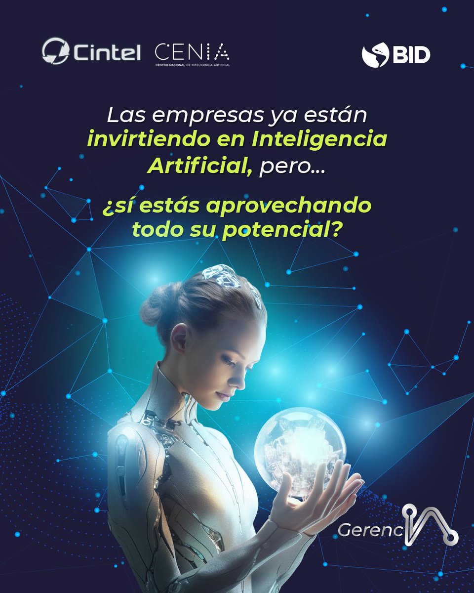 CINTELColombia's tweet photo. Postúlate AHORA a GerencIA, el programa diseñado para líderes empresariales que buscan integrar la Inteligencia Artificial de forma estratégica en sus procesos.
Avalado por #CINTEL a través de su Centro de Competencia en Inteligencia Artificial y Automatización, el Banco Interamericano de Desarrollo (BID) y CENIA de Chile, este curso gratuito forma parte del impulso regional hacia una economía digital basada en IA.