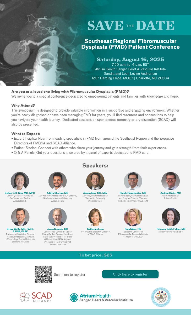 FMDSA (@fmdartery) on Twitter photo Southeast Regional Fibromuscular Dysplasia Patient Conference,
Saturday, August 16, 2025
from 7.50am until 4pm.
FMDSA Board Member, Allison Gaines is organising a meet up on Friday night, email allison.gaines@fmdsa.org for more details.
eventbrite.com/e/southeast-re… Southeast Regional Fibromuscular Dysplasia Patient Conference,
Saturday, August 16, 2025
from 7.50am until 4pm.
FMDSA Board Member, Allison Gaines is organising a meet up on Friday night, email allison.gaines@fmdsa.org for more details.
eventbrite.com/e/southeast-re…