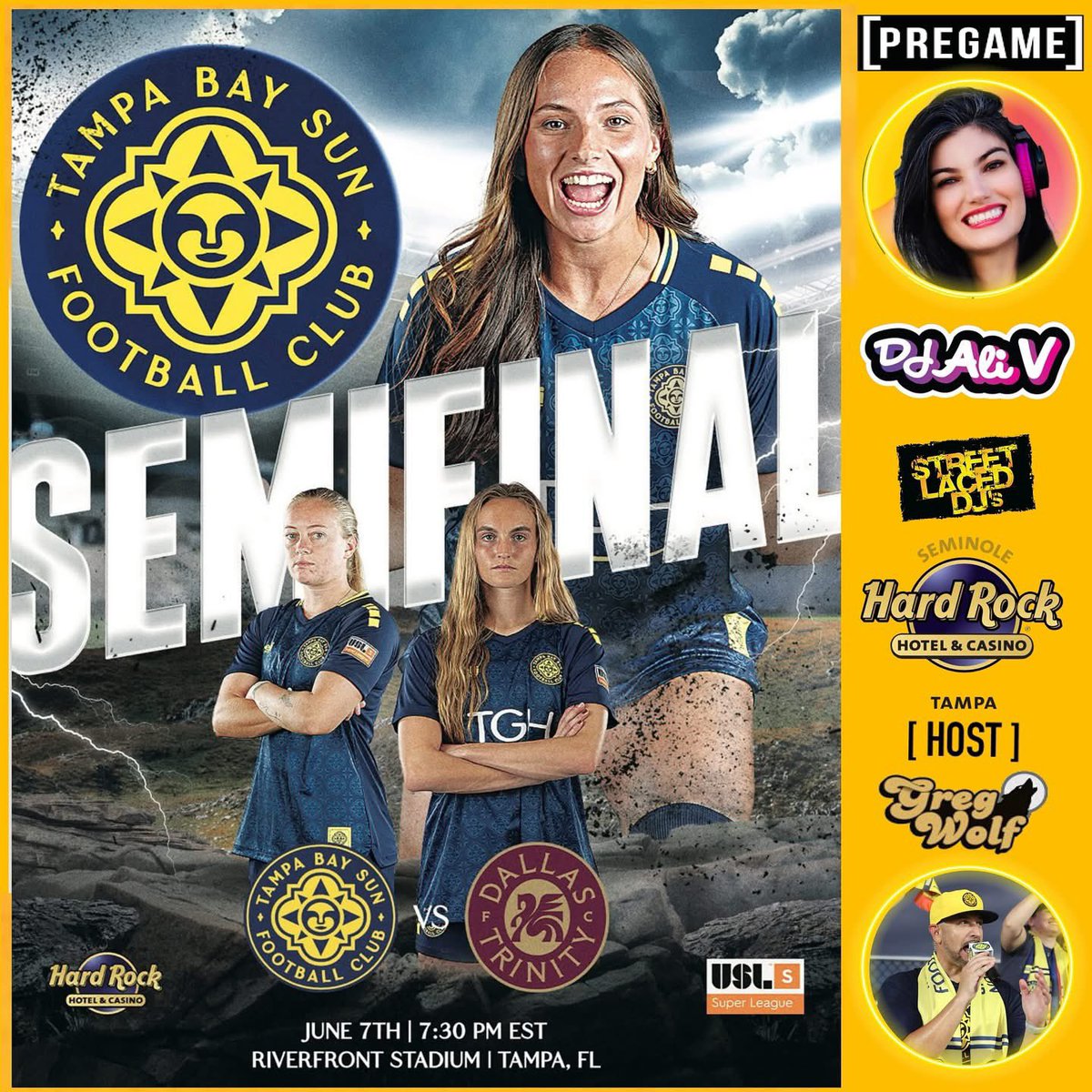 Greg Wolf (@gregwolftbl) on Twitter photo Rise & Shine🌞Sunchasers!
It’s #MatchDay & <a href="/USLSuperLeague/">USL Super League</a> Playoffs! Our <a href="/TampaBaySunFC/">Tampa Bay Sun FC</a> continue their historic journey TONIGHT at Riverfront Stadium as they battle <a href="/dallastrinityfc/">Dallas Trinity FC</a> at 7:30p on <a href="/peacock/">Peacock</a>! Yours truly ready to rock alongside <a href="/StreetLacedDJs/">Street Laced DJs</a> <a href="/prosportsdjs/">Sean Bovelsky DJ Bolt</a> & Rise & Shine🌞Sunchasers!
It’s #MatchDay & <a href="/USLSuperLeague/">USL Super League</a> Playoffs! Our <a href="/TampaBaySunFC/">Tampa Bay Sun FC</a> continue their historic journey TONIGHT at Riverfront Stadium as they battle <a href="/dallastrinityfc/">Dallas Trinity FC</a> at 7:30p on <a href="/peacock/">Peacock</a>! Yours truly ready to rock alongside <a href="/StreetLacedDJs/">Street Laced DJs</a> <a href="/prosportsdjs/">Sean Bovelsky DJ Bolt</a> &