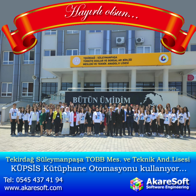 akaresoft's tweet photo. Tekirdağ Süleymanpaşa TOBB Mesleki ve Teknik Anadolu Lisesi KÜPSİS Kütüphane Otomasyonu kullanıyor. İletişim: 0545 437 41 94 #kutuphaneprogramı #kütüphaneyazılımı #kütüphaneotomasyonu #millieğitim #imamhatip #imamhatiportaokulu #imamhatiplisesi #mesleklisesi #meslekiveteknik https://t.co/s7UY5DSId6