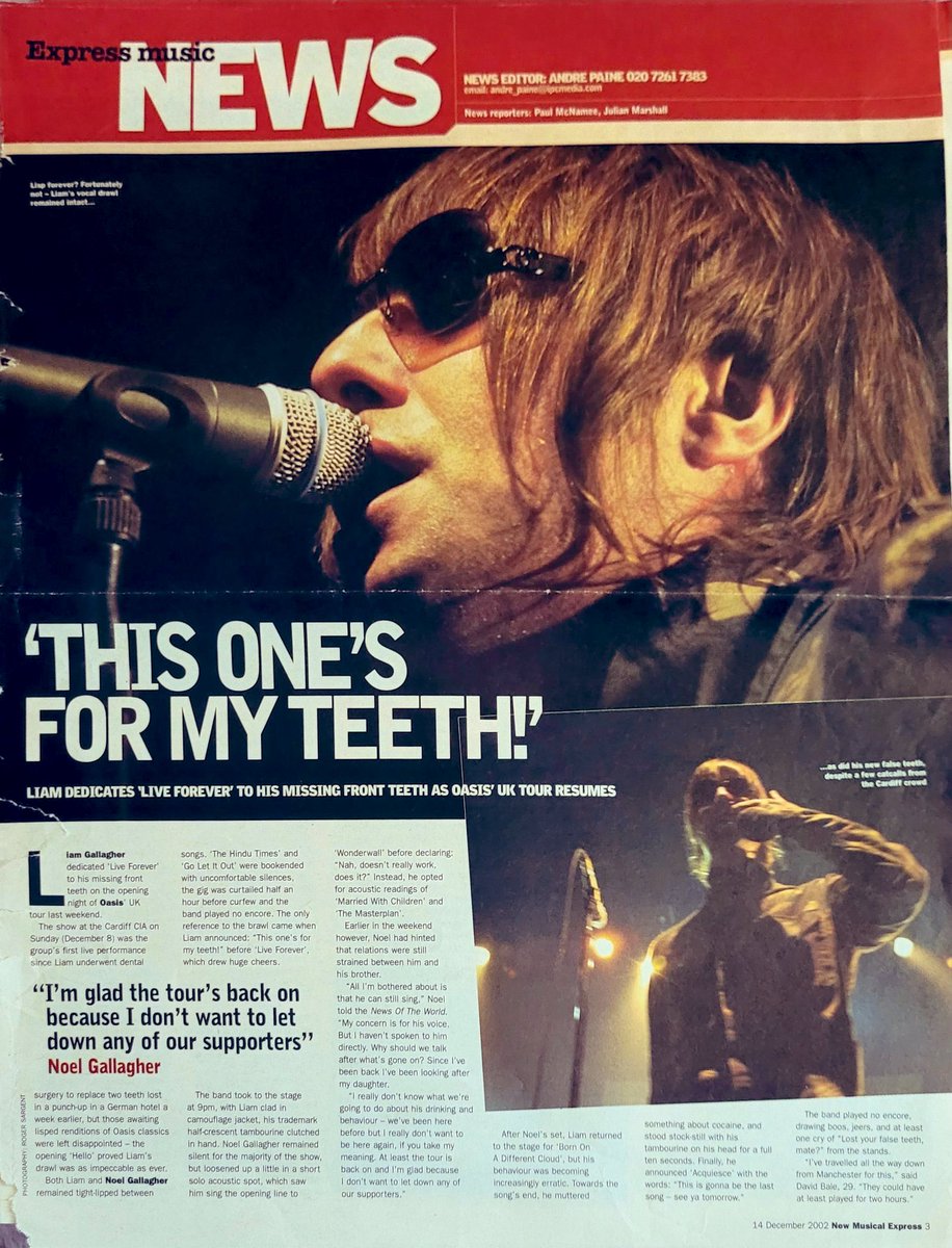 OasisArchives's tweet photo. After a bar fight in Germany, Liam dedicated Live Forever to his lost teeth during the concert in Cardiff on December 8, 2002. https://t.co/QUwcWuOXTQ