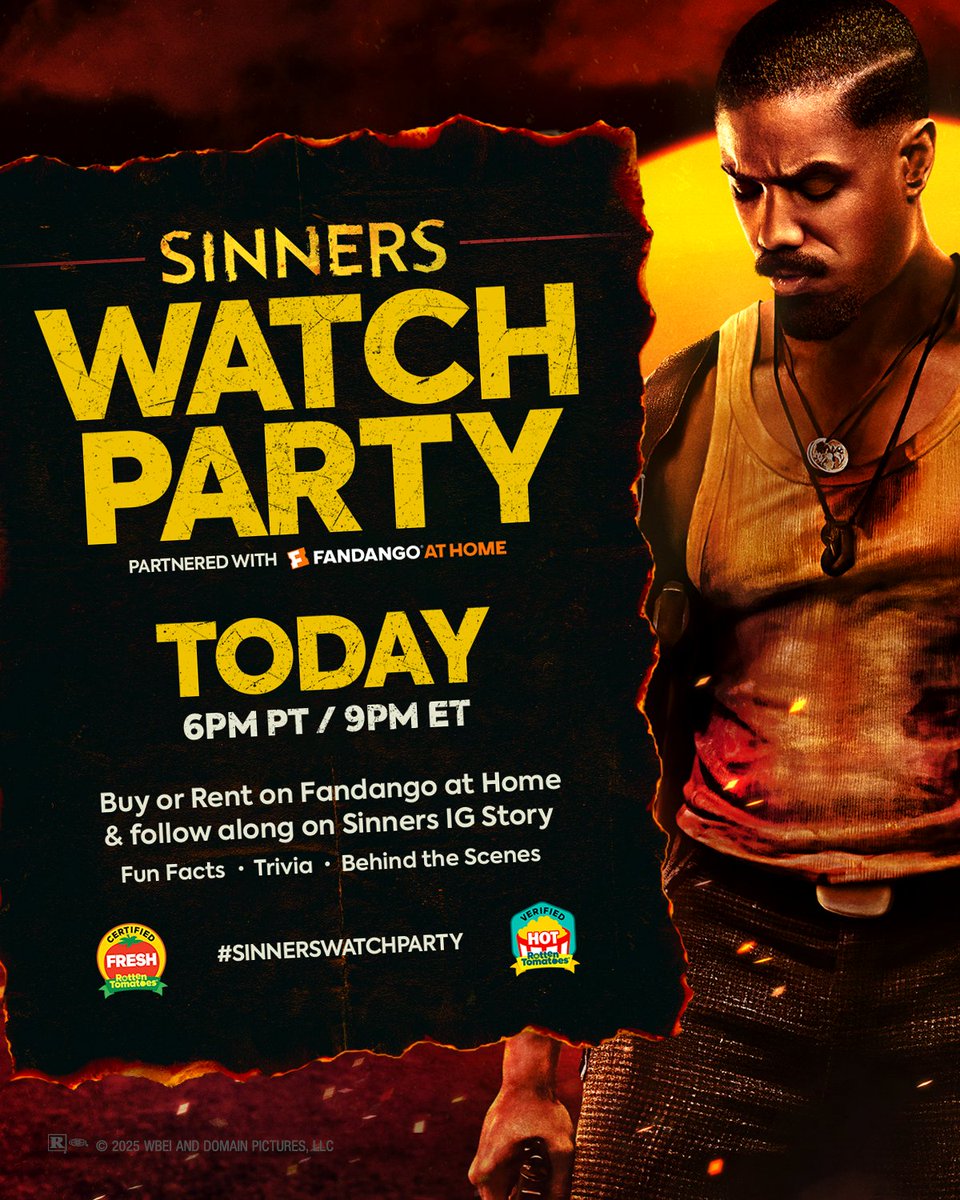 Who's joining the #SinnersWatchParty tonight?! 

Rent or buy #SinnersMovie on <a href="/Fandango/">Fandango</a> at Home, sync it up with our <a href="/SinnersMovie/">SinnersMovie</a> IG Story tonight at 6pm PT / 9PM ET, and experience the film alongside the cast and crew!