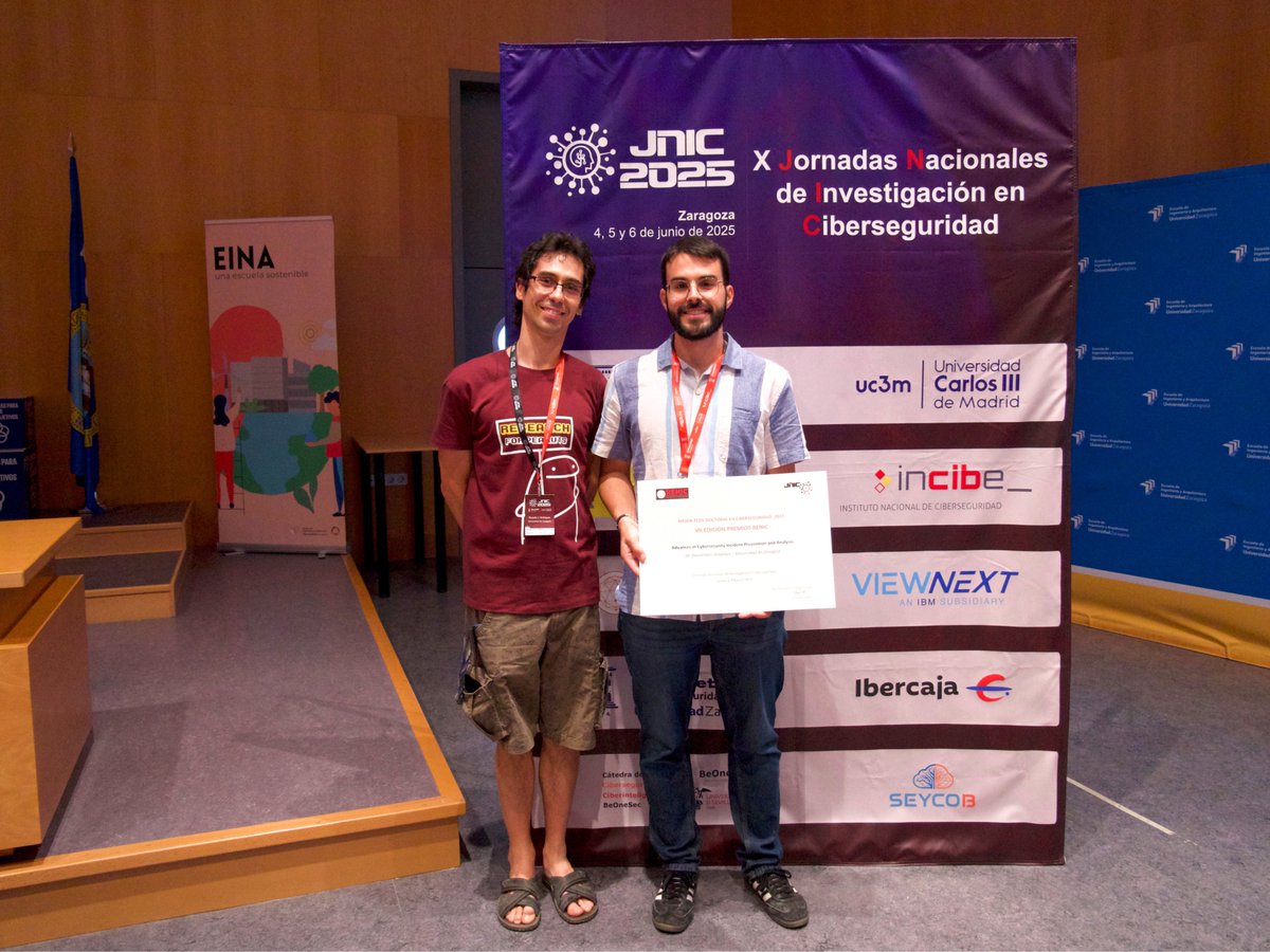 jnic_conf's tweet photo. 🏆 En las X JNIC, la Red de Excelencia Nacional de Investigación en Ciberseguridad (RENIC) premió los mejores trabajos de ciberseguridad.
🥇 Mejor Tesis: Daniel Uroz (Unizar)
🥇 Mejor TFM: Javier Parada (UMA)
¡Enhorabuena!

#jnic2025 #uc3m #ciberseguridad #jnic #renic https://t.co/jqwLrZk10q