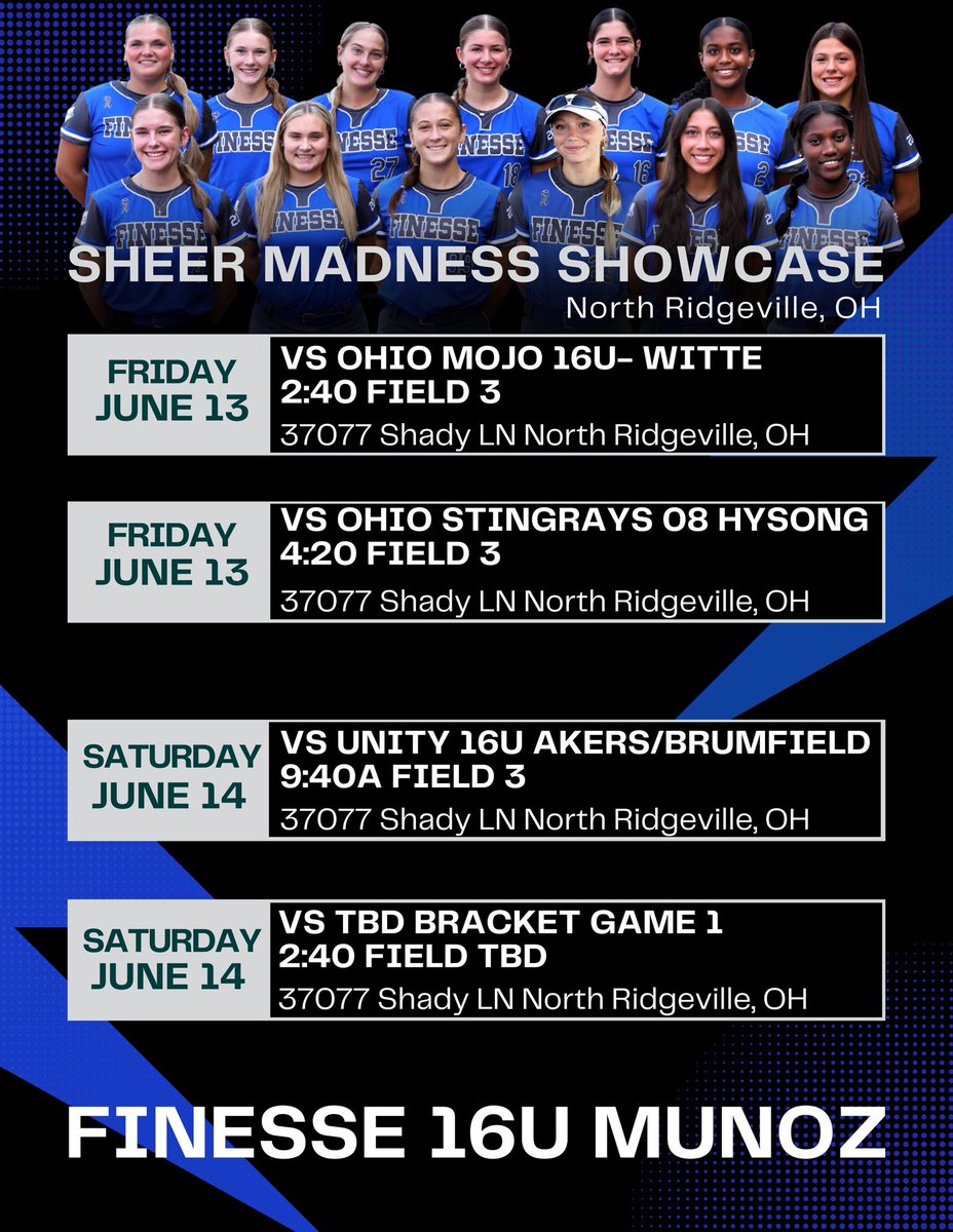 Finesse 16U- Munoz (@finesse2026) on Twitter photo Our schedule for <a href="/ShowcaseSheer/">Select-Showcases</a>!
We kick off the summer season next weekend competing in the Sheer Madness Showcase!
π37077 Shady Ln.
North Ridgeville, OH
ποΈ#3
Pool play games Friday/Saturday, followed by bracket Saturday at 2:40!
<a href="/FinesseOrg/">Finesse Fastpitch</a> Our schedule for <a href="/ShowcaseSheer/">Select-Showcases</a>!
We kick off the summer season next weekend competing in the Sheer Madness Showcase!
π37077 Shady Ln.
North Ridgeville, OH
ποΈ#3
Pool play games Friday/Saturday, followed by bracket Saturday at 2:40!
<a href="/FinesseOrg/">Finesse Fastpitch</a>