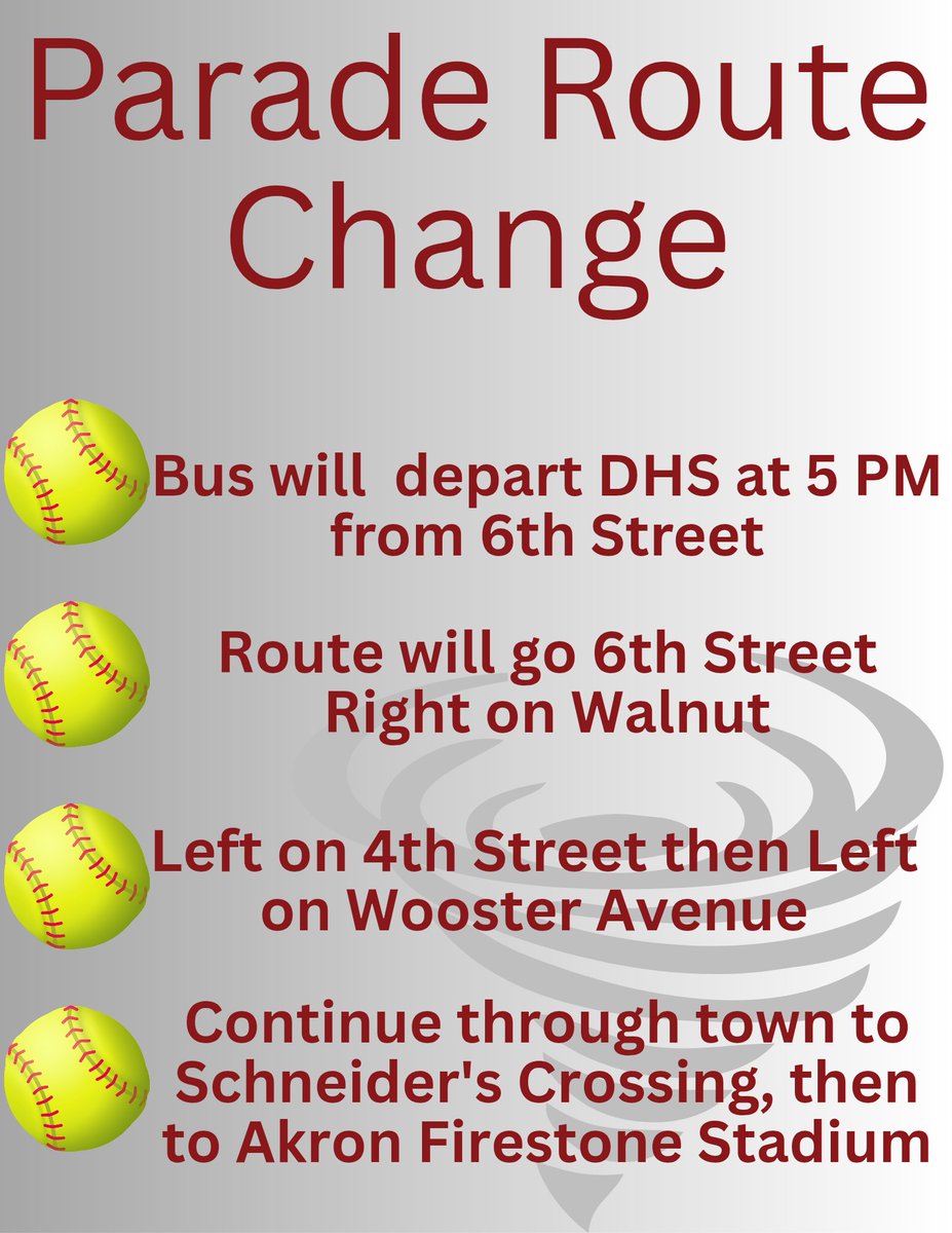 🌪️🥎 Parade Route Update 🥎🌪️

With the overwhelming support for the Lady Tornadoes, the route for the escort to the State Championship game has been modified to allow all fans, young and old, the chance to send them off.  Make some signs and be loud to show them #WeareDover