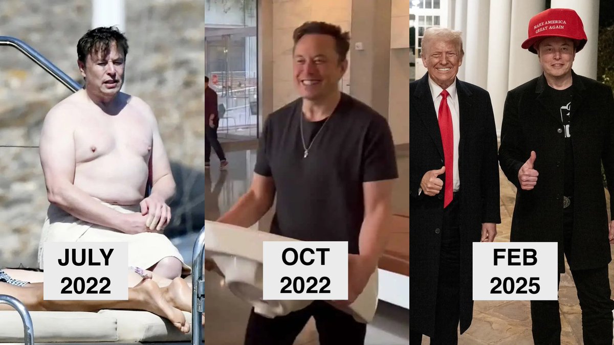 Left is Elon in July 2022.

Middle is him 4 months later.

Right is Elon this year—fitter than ever.

What was his secret to RAPID &amp; LASTING weight loss?: 🧵
