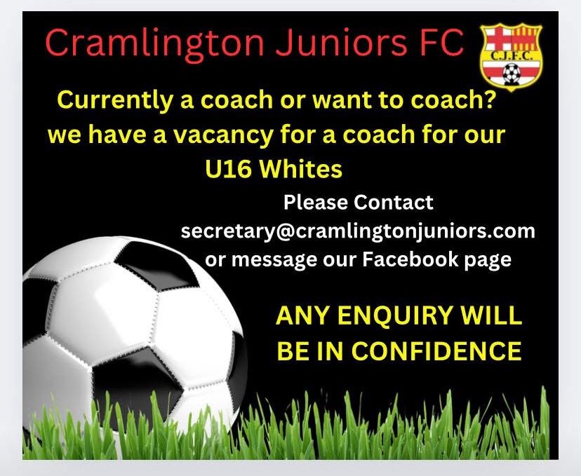 We have a vacancy for a coach in our U16 whites.  
The team play on a Sunday in Division 1 in the Northumberland football league.
Please contact us asap.
Thank you
