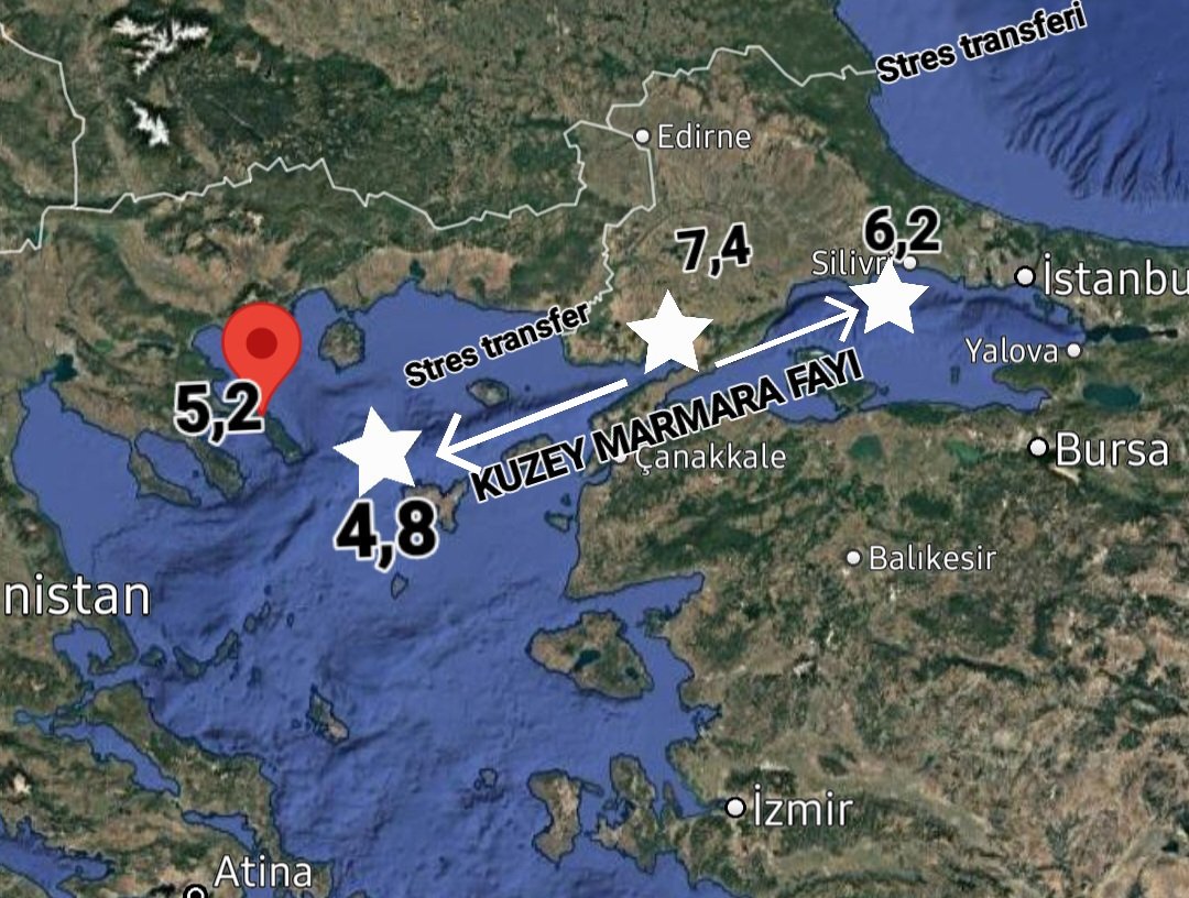 GÖKÇEADA DEPREMSELLIĞİ
Yunanistana doğru kayıyor.
M4,8 depreminden sonra Gökçeadanın 130 km güneybatısında  M5,2 depremi oluştu.
Kuzey Marmara Fay zonu üzerindeki depremsellik İstanbul için tehlike oluşturmaz.