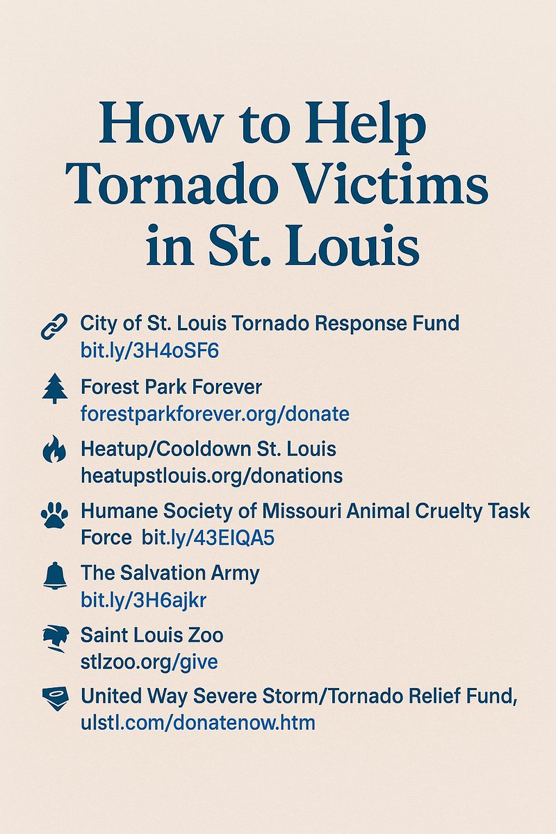 stlcopa's tweet photo. Here is a list of places you can donate to the tornado victims from our Community Engagement Director. Thank you for your generosity. #stlcopa https://t.co/T5EWQvMrsA