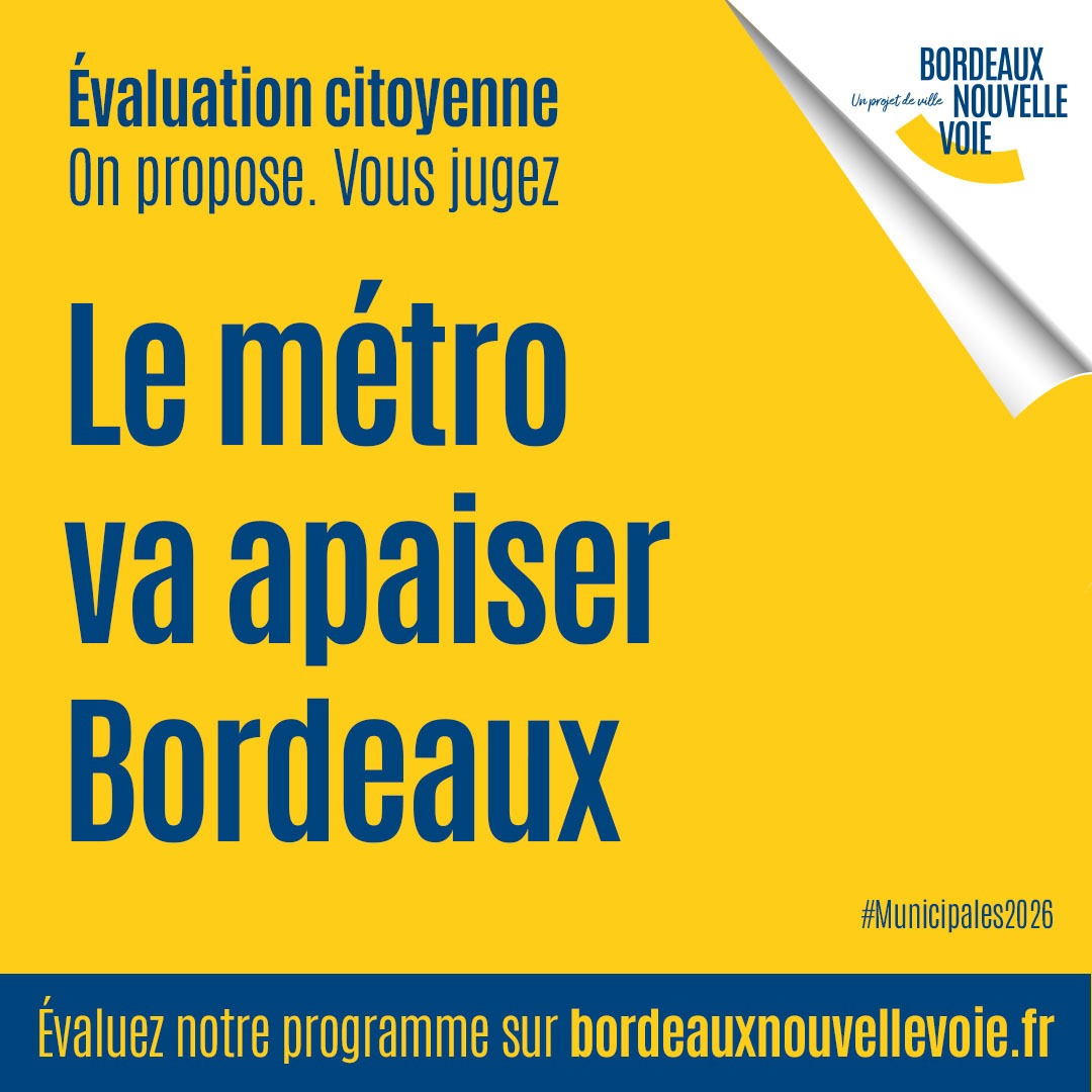 Le métro va apaiser la ville
👉 Donnez votre avis : bordeauxnouvellevoie.fr/evaluation
#Bordeaux #Municipales2026

Avec <a href="/MickaelBaubonne/">Mickaël Baubonne</a>