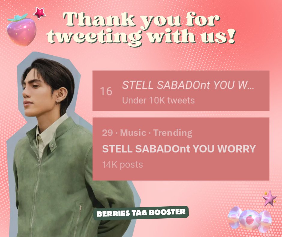 BERRIES TAG BOOSTER 🍓 (@svabooster) on Twitter photo There's truly nothing to worry about because our TP today was huge success! 🥳
We exceeded 10k tweets thanks to everyone's consistent efforts! See you again tonight for our Sunday TP! 💛🍓
STELL SABADOnt YOU WORRY
<a href="/stellajero_/">Stell Ajero</a> #Stell
#9DaysTilStellDay There's truly nothing to worry about because our TP today was huge success! 🥳
We exceeded 10k tweets thanks to everyone's consistent efforts! See you again tonight for our Sunday TP! 💛🍓
STELL SABADOnt YOU WORRY
<a href="/stellajero_/">Stell Ajero</a> #Stell
#9DaysTilStellDay