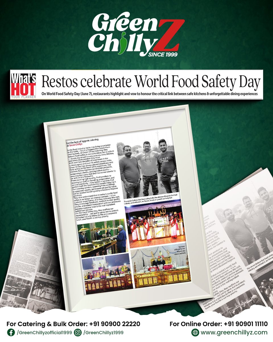 GreenChillyZ's tweet photo. On #WorldFoodSafetyDay, Green Chillyz proudly stands by our promise of hygienic, safe, and quality catering.
Because your trust is our biggest ingredient.

#GreenChillyzStandards #FoodSafetyMatters #HygieneYouCanTrust #SafeFoodSafePeople #Quality #WorldFoodSafetyDay2025 https://t.co/MqLmdjhjgR