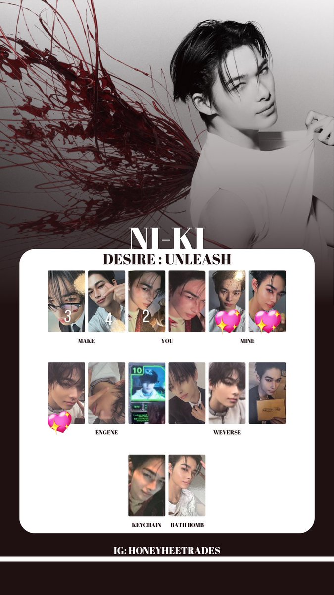 yang_nishimura's tweet photo. ENHYPEN DESIRE : UNLEASHトレカ 交換

【譲】画像のもの

【求】MINE:ニキ
        ENGENE:ニキ＞ソヌ＞ジェイク
        (画像の💖)同種交換

スタジアム(味スタ1日目7/5)での手渡し🏟or郵送での同日発送📮希望です❕

リプやDMまでお気軽に
ご連絡お待ちしております🙇‍♀️
 #ENHYPEN交換 https://t.co/OAXrXunlbu