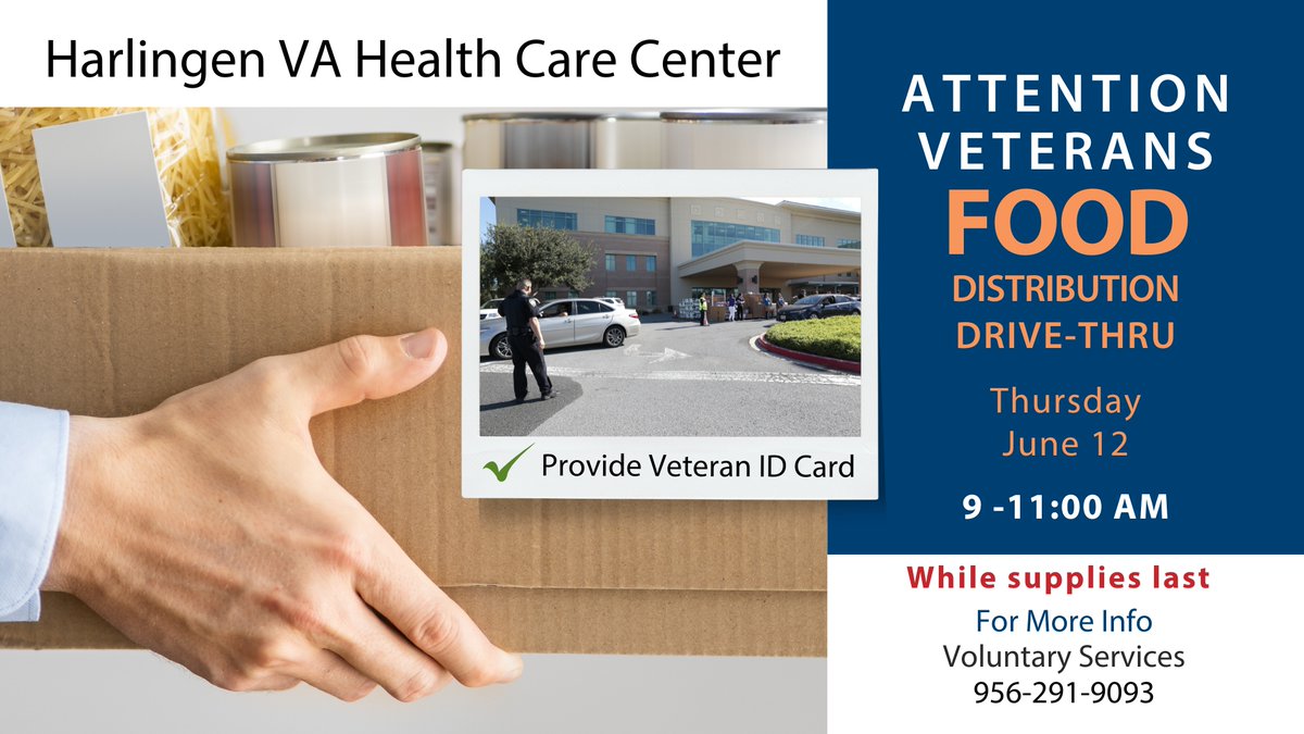 Veterans in Harlingen and surrounding areas, join us June 12 from 9:00 AM to 11:00 AM or while supplies last, for another drive-thru food distribution. #HCCFoodDrive #VCBHCS