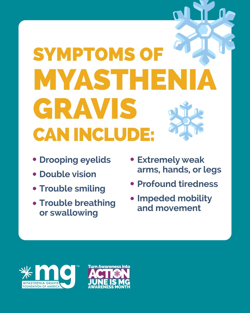 #Myastheniagravis symptoms can fluctuate and can impact a person’s ability to see, swallow, smile, walk, breathe, or engage in normal, everyday activity. Everyone’s disease presents a little differently – that’s why myasthenia is known as a “snowflake disease."
