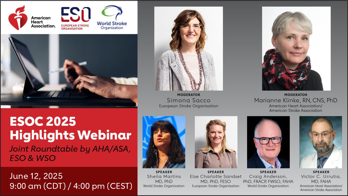 European Stroke Org (@esostroke) on Twitter photo Join ESO, <a href="/WorldStrokeOrg/">World Stroke Org</a> & <a href="/American_Heart/">American Heart Association</a> for a live webinar highlighting the top science and clinical insights from #ESOC2025.
📅 12 June | 🕓 16:00 CEST
🔗 ow.ly/vl1J50W3oCq
<a href="/sheilambrasil/">sheila martins</a> <a href="/ECSandset/">Else C. Sandset</a> <a href="/Simona_Sacco_/">Simona Sacco</a> #stroke #VoiceOfStroke Join ESO, <a href="/WorldStrokeOrg/">World Stroke Org</a> & <a href="/American_Heart/">American Heart Association</a> for a live webinar highlighting the top science and clinical insights from #ESOC2025.
📅 12 June | 🕓 16:00 CEST
🔗 ow.ly/vl1J50W3oCq
<a href="/sheilambrasil/">sheila martins</a> <a href="/ECSandset/">Else C. Sandset</a> <a href="/Simona_Sacco_/">Simona Sacco</a> #stroke #VoiceOfStroke