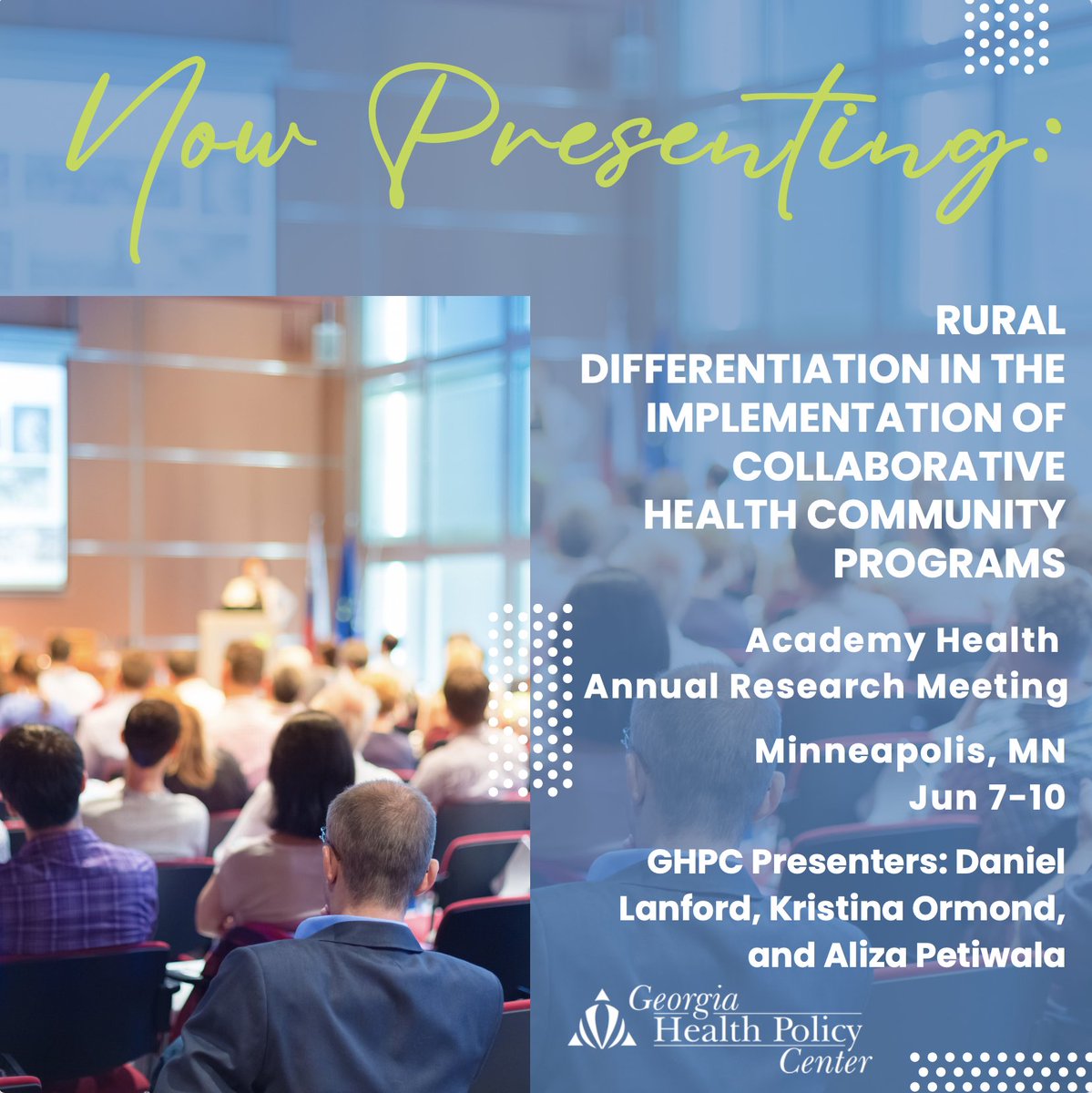 Georgia Health Policy Center (@gsughpc) on Twitter photo <a href="/GSUGHPC/">Georgia Health Policy Center</a> Daniel Lanford, Kristina Ormond, and Aliza Petiwala will be #copresenting “Rural Differentiation in the Implementation of Collaborative Health Community Programs” this weekend at <a href="/AcademyHealth/">AcademyHealth</a>'s annual research meeting! <a href="/GSUGHPC/">Georgia Health Policy Center</a> Daniel Lanford, Kristina Ormond, and Aliza Petiwala will be #copresenting “Rural Differentiation in the Implementation of Collaborative Health Community Programs” this weekend at <a href="/AcademyHealth/">AcademyHealth</a>'s annual research meeting!