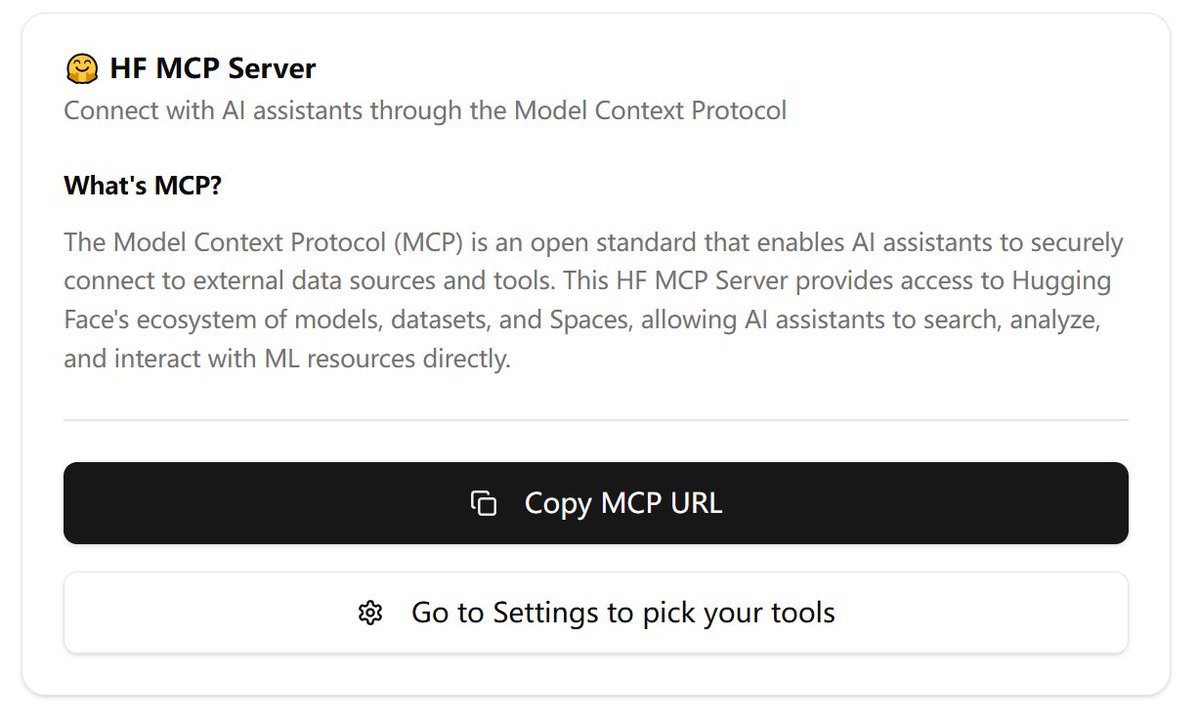 HuggingFace 终于也有 MCP Server 了哈哈哈。这个 MCP Server 不但可以访问 HuggingFace 上的模型信息，还能访问上面的数据集，甚至 Space 中托管的业务。

地址：hf.co/mcp
