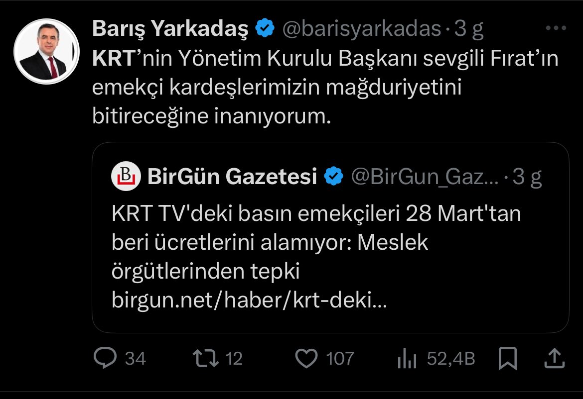 İzmir grevinde günde 50 post atan belediyeyi, CHP’yi işçi düşmanı ilan eden arkadaş KRT çalışanlarının grevi hakkında bir tane tweet atmış. Bunların derdi işçi falan değil bunların derdi CHP’yi nasıl yıpratırız