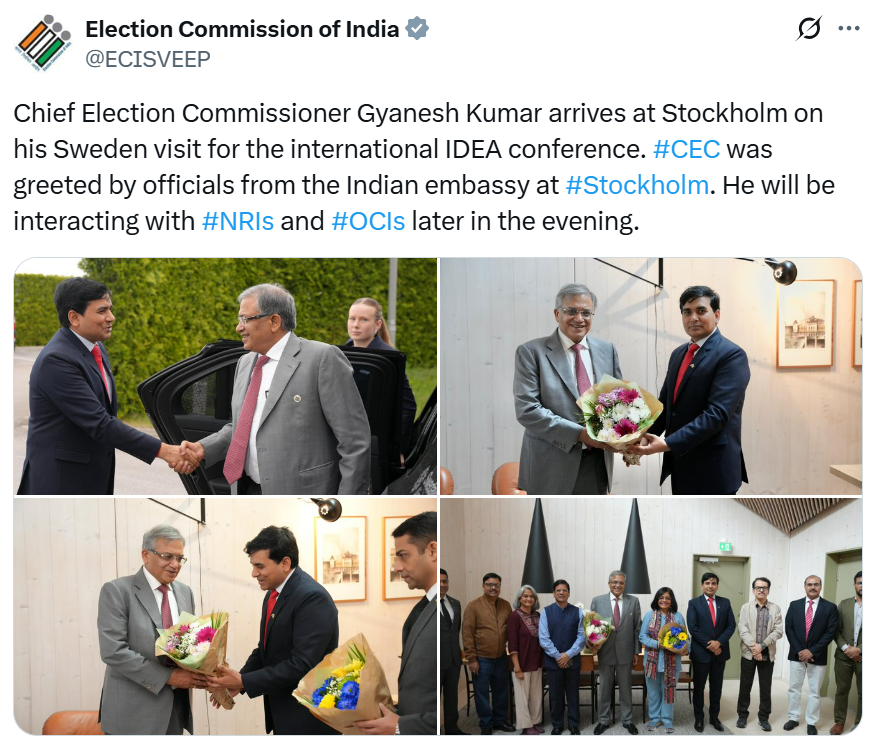 PTI_News's tweet photo. "Chief Election Commissioner Gyanesh Kumar arrives at Stockholm on his Sweden visit for the international IDEA conference. #CEC was greeted by officials from the Indian embassy at #Stockholm. He will be interacting with #NRIs and #OCIs later in the evening," posts Election Commission of India (@ECISVEEP).