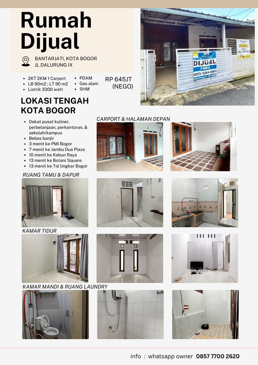 miaph's tweet photo. @ipunk_baik Rumah DIJUAL
📍Kota Bogor, Bantarjati
🗺️Lokasi tengah kota dekat pusat kuliner, perbelanjaan, perkantoran &amp; sekolah/kampus
🏠LT 90m2, LB 90m2
🛏️2 KT, 2 KM, 1 Carport
🚿PDAM, Gas alam
📄SHM
💰645jt (nego) https://t.co/VzrM3dYGTg