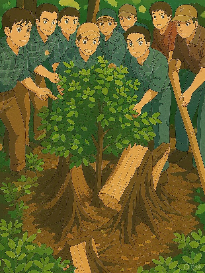 flatulatingflap's tweet image. Grok doing its best &quot;Draw a gang of lumberjacks attacking a small tree.&quot; Anime style.