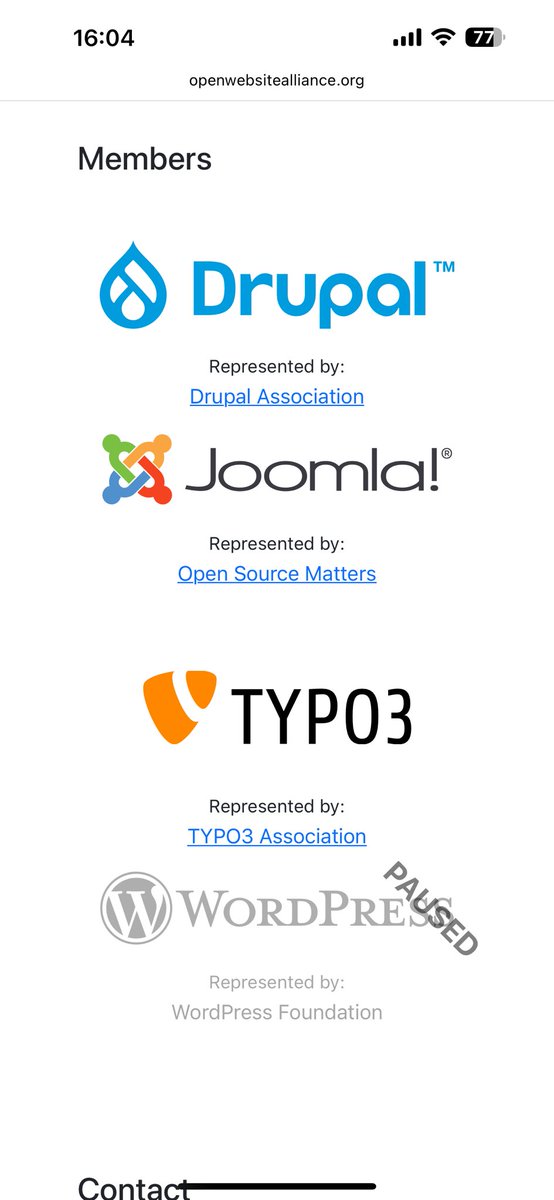 Talking about the Open Web Alliance, <a href="/photomatt/">Matt Mullenweg</a> says “…we want to support in whichever way we can”. 

However, the OWA site says <a href="/WordPress/">WordPress</a>’ membership is paused: openwebsitealliance.org 

#WCEU