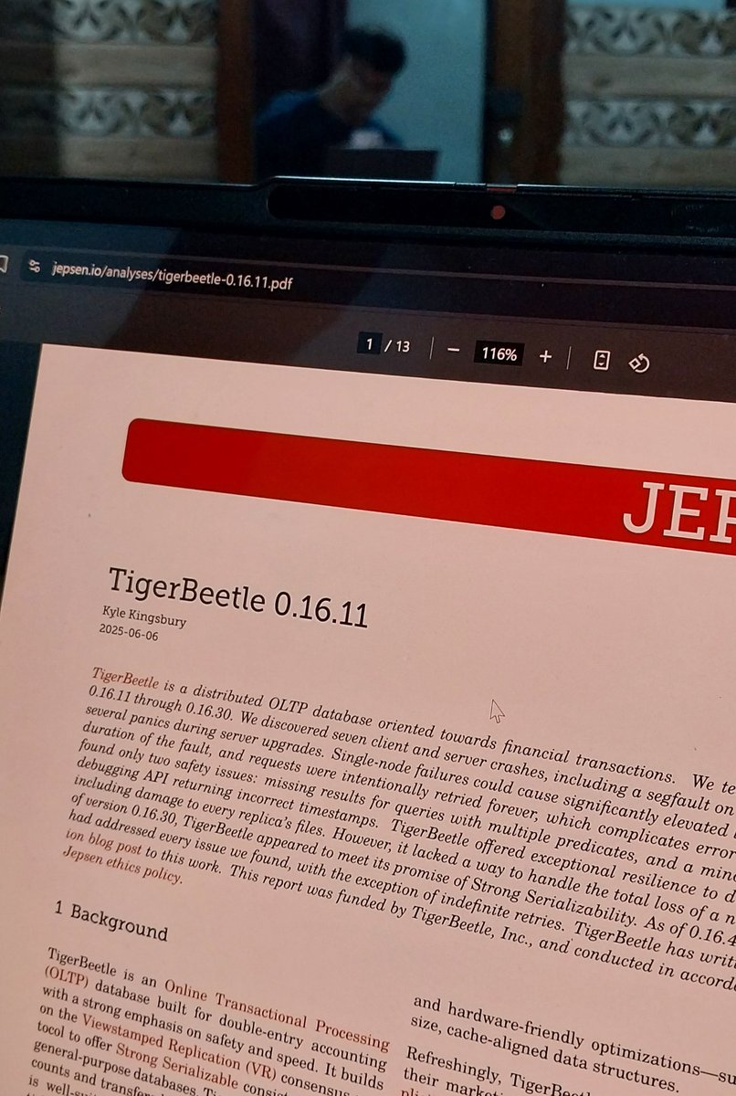 Avik Chatterjee (@just_avik) on Twitter photo Time to make myself a wannabe database "expert" with the <a href="/TigerBeetleDB/">TigerBeetle</a> jepsen report
(it sadly didn't rain <a href="/jorandirkgreef/">Joran Dirk Greef</a> but promises are to be kept 🤝)
Maybe I can make a blog article out of it too if I find a cool tangent. Time to make myself a wannabe database "expert" with the <a href="/TigerBeetleDB/">TigerBeetle</a> jepsen report
(it sadly didn't rain <a href="/jorandirkgreef/">Joran Dirk Greef</a> but promises are to be kept 🤝)
Maybe I can make a blog article out of it too if I find a cool tangent.