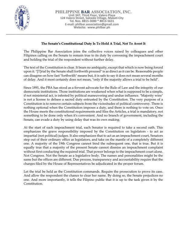 ABSCBNNews's tweet photo. READ: The Philippine Bar Association calls on the Senate to "remain true to its duty by convening the impeachment court" and begin Vice President Sara Duterte's trial "without further delay." (📷: Philippine Bar Association/Facebook) https://t.co/2JW17QdkoK