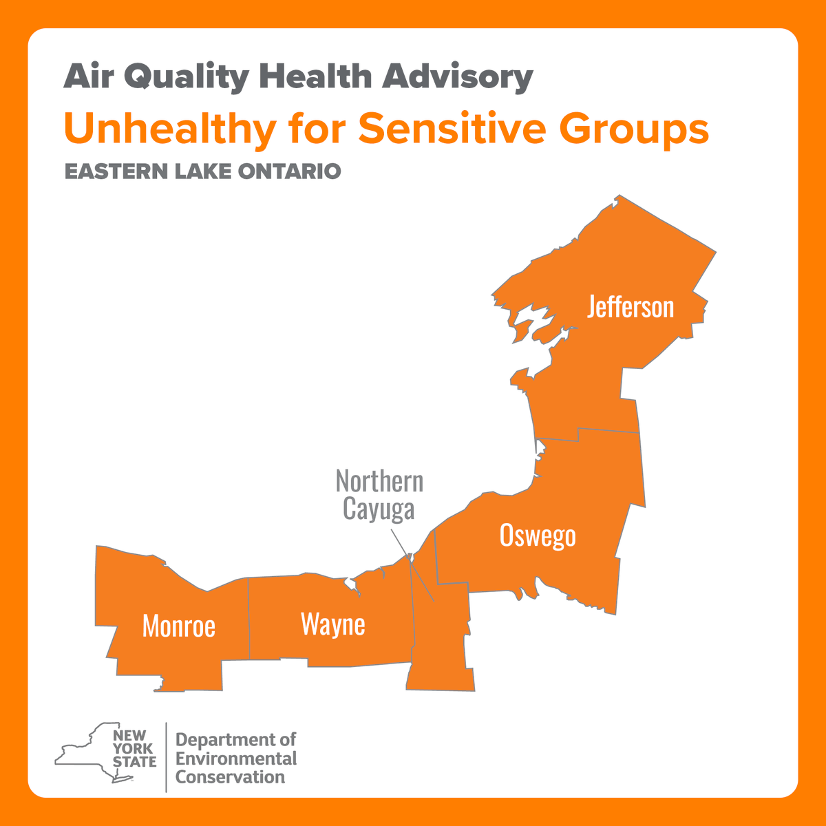 NYSDEC's tweet photo. DEC and @HealthNYGov have issued an air quality health advisory today, June 7, for the Adirondacks, Eastern Lake Ontario, Central &amp; Western NY regions.

👉 View the Air Quality Index (AQI) forecast: https://t.co/RXjWGi9LqM
☎️ Air Quality Hotline: 1-800-535-1345 or 1-518-402-8478 https://t.co/d9opJBbDyd