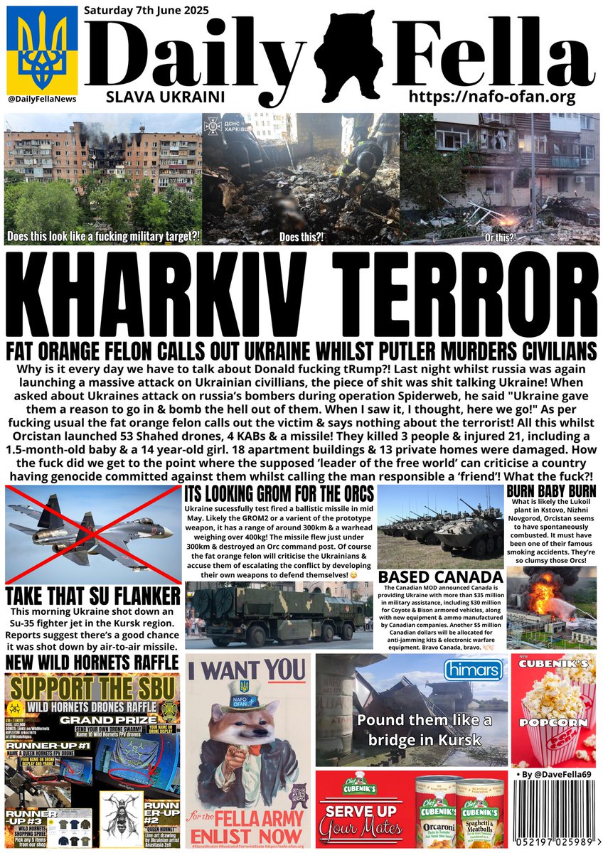 DAILY FELLA (@dailyfellanews) on Twitter photo It’s time for a rare early Daily Fella. Read about the russian terrorist attack on Kharkiv, Ukraine shooting down an Su-35 & we have the details of a new <a href="/wilendhornets/">Wild Hornets</a> raffle from <a href="/Wendehopes/">Wende🎗️🐝 🏴☠️</a>
#DailyFella #DailyFellaNews #SlavaUkraini #NAFO It’s time for a rare early Daily Fella. Read about the russian terrorist attack on Kharkiv, Ukraine shooting down an Su-35 & we have the details of a new <a href="/wilendhornets/">Wild Hornets</a> raffle from <a href="/Wendehopes/">Wende🎗️🐝 🏴☠️</a>
#DailyFella #DailyFellaNews #SlavaUkraini #NAFO