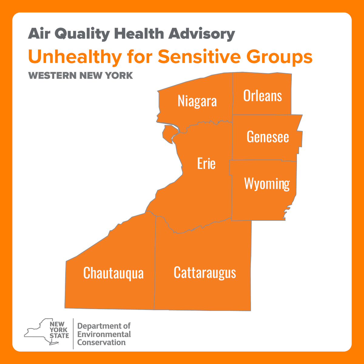 NYSDEC's tweet photo. DEC and @HealthNYGov have issued an air quality health advisory today, June 7, for the Adirondacks, Eastern Lake Ontario, Central &amp; Western NY regions.

👉 View the Air Quality Index (AQI) forecast: https://t.co/RXjWGi9LqM
☎️ Air Quality Hotline: 1-800-535-1345 or 1-518-402-8478 https://t.co/d9opJBbDyd