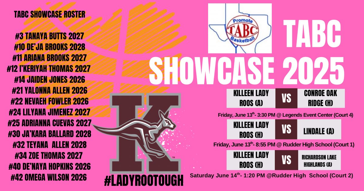 Killeen Lady Roo Basketball (@khsladyroobball) on Twitter photo We are just a few day away from this amazing event put on by <a href="/Tabchoops/">𝙏𝘼𝘽𝘾🏀📋</a> in Bryan, TX
College Coaches come check out the KILLEEN HIGH Lady Roos! <a href="/CoachCollier12/">Asrelle Anderson Collier M.Ed</a> <a href="/KilleenISD_/">KISD Sports</a> <a href="/_theWeave/">Josh Weaver</a> <a href="/coachsadler/">Josh Sadler</a> <a href="/KNCT_SPORTS/">I14Sports/knctsports</a> #GOBIGROOS #LadyRooTough 🏀🤟🏽💕 We are just a few day away from this amazing event put on by <a href="/Tabchoops/">𝙏𝘼𝘽𝘾🏀📋</a> in Bryan, TX
College Coaches come check out the KILLEEN HIGH Lady Roos! <a href="/CoachCollier12/">Asrelle Anderson Collier M.Ed</a> <a href="/KilleenISD_/">KISD Sports</a> <a href="/_theWeave/">Josh Weaver</a> <a href="/coachsadler/">Josh Sadler</a> <a href="/KNCT_SPORTS/">I14Sports/knctsports</a> #GOBIGROOS #LadyRooTough 🏀🤟🏽💕